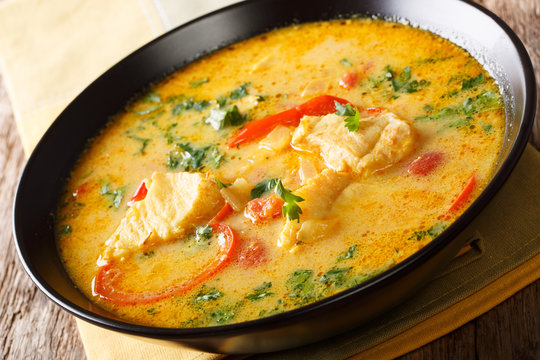 Brazilian stew fish with vegetables and coconut milk close-up in a bowl. horizontal