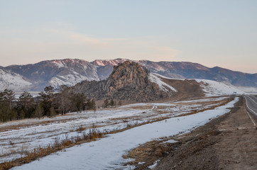 Sleeping Lion Mountain (Omulevaya hill) near Selenga river in early spring  Tarbagatay, Republic of Buryatia, Russia