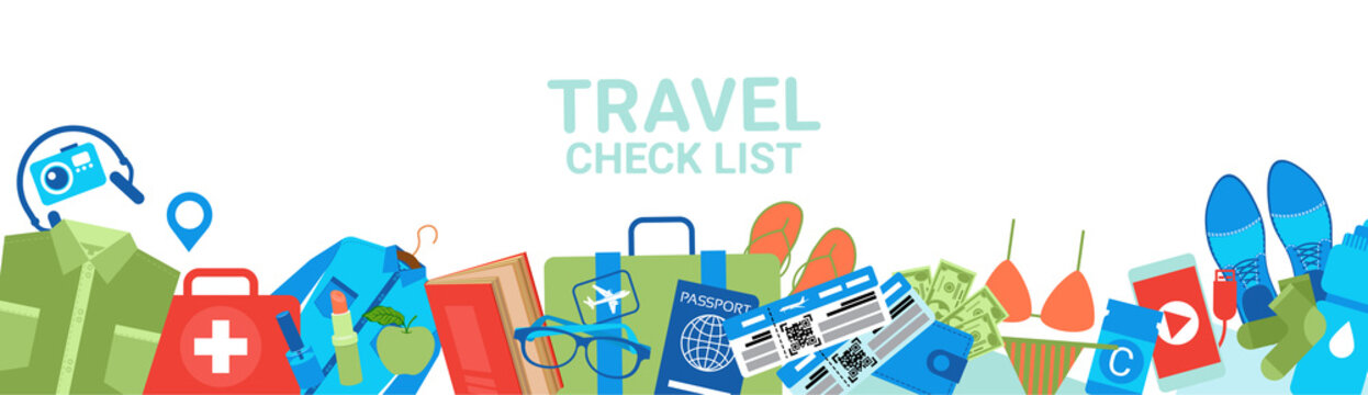 Travel Check List Templae Horizontal Banner With Copy Space Packing Planning Concept Flat Vector Illustration