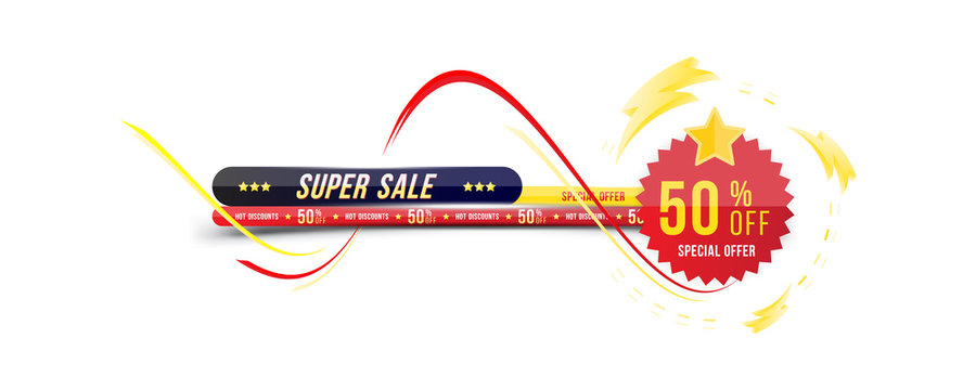Super sale 50% off discount. Banner with shadow in horizontal format with sticker. Big discount, template for print advertising and web banner. Flat vector illustration EPS 10