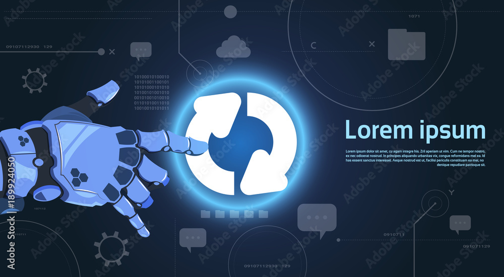 Poster robotic hand touch system update button on digital screen modern technology banner with copy space f