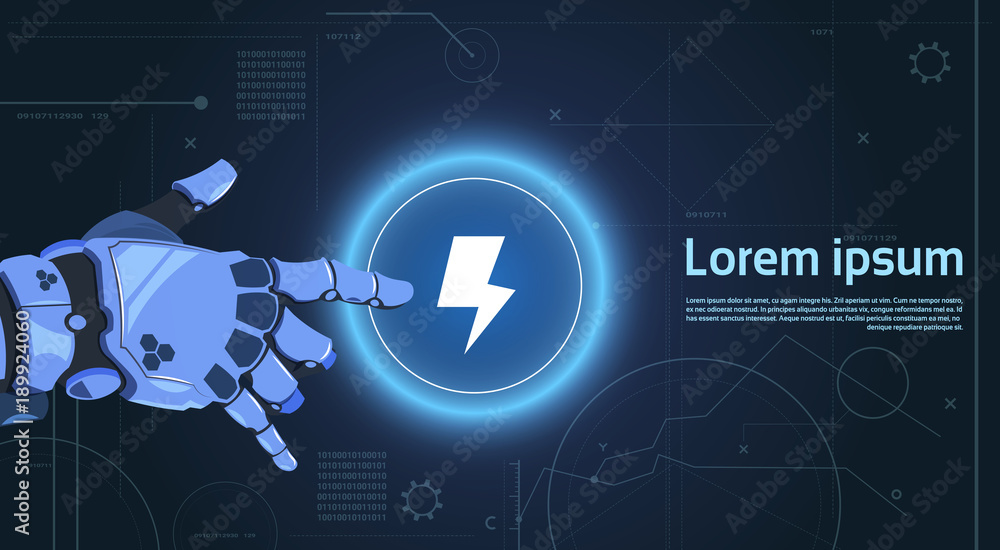 Poster robotic hand touch web button lightning on digital screen banner with copy space flat vector illustr