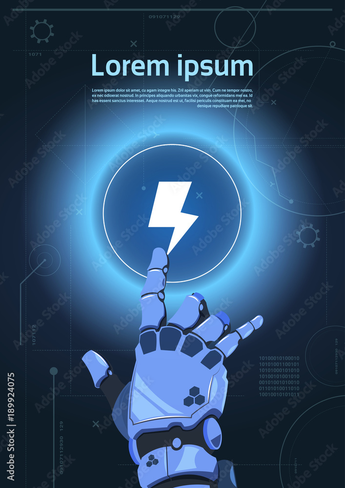 Poster robot hand touch digital monitor with lightning web button abstract banner with copy space flat vect