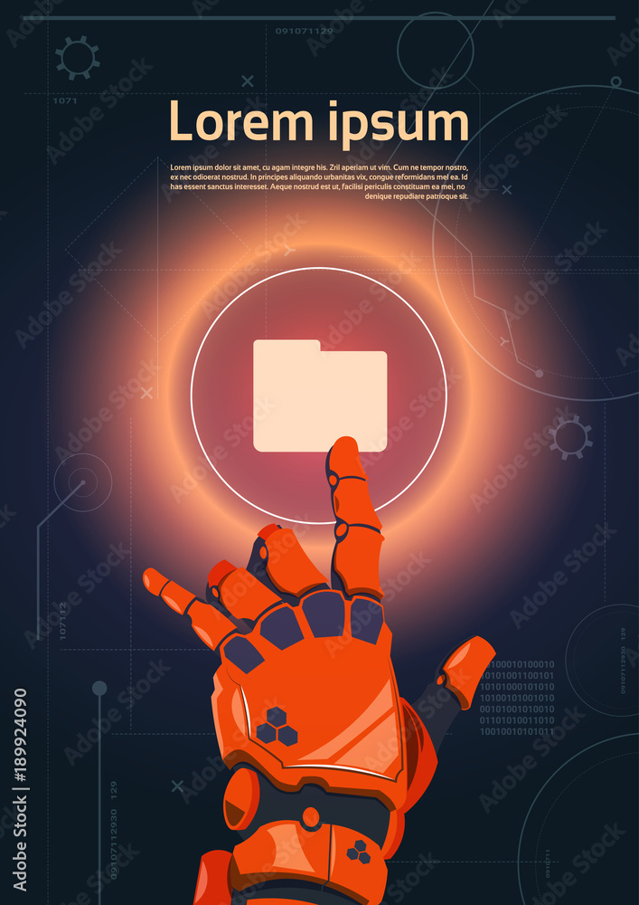 Poster robot hand touch digital button of file folder directiry concept banner with copy space flat vector 