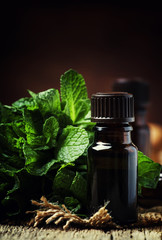 Essential oil of peppermint in a small brown bottle with fresh green mint, rustic style, vintage wooden background, selective focus
