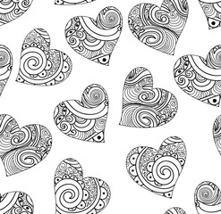 Abstract vector seamless pattern with beautiful hand drawn hearts with curling ornament