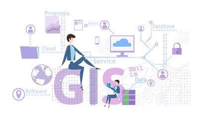 GIS Software Concept, Geographic Information System. Vector illustration on blue background.