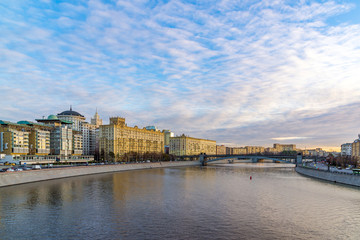 Moscow, Russia. Views of Smolenskaya embankment and Borodino bridge