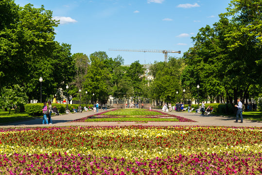 Moscow, Russia. Large flower bed on Bolotnaya Square.