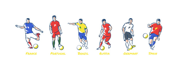 Soccer players kicks the ball. Soccer world cup teams Germany, Brasil, Russia, france, Portugal, Spain. Colorful vector illustration.