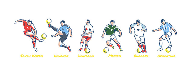 Soccer players kicks the ball. Soccer world cup teams South Korea, Uruguay, Denmark, Mexico, England, Argentina. Colorful vector illustration