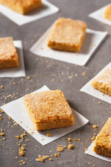 Delicious crumble cookies on vintage stone table. Healthy dessert. Selective focus. 