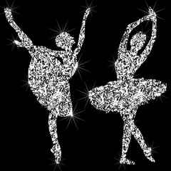 A set of shiny sparkling ballerin icons. Silhouettes of jewelry dancing ballerinas. Brilliant icon. The effect of a diamond. Transparent silvery jeweler icon. © ssshy