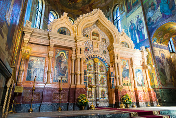 Fototapeta na wymiar St. Petersburg, Russia. iconostasis in Church of Savior on Blood or Cathedral of Resurrection of Christ