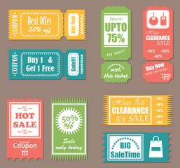 Vector sale tickets. Set of labels, coupons and tickets. Bright colors