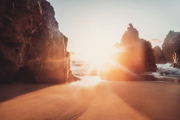 amazing sandy  Atlantic ocean beach at sunset. Portugal