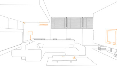 Ink sketch modern interior with electrical appliances, tv, lamp, security camera, wi-fi router, conditioner.