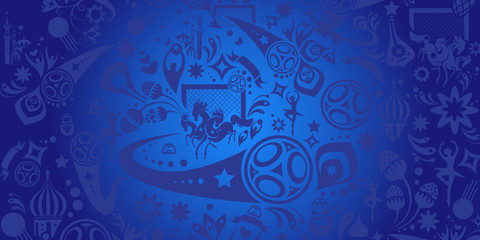 Obraz premium Soccer world international competition abstract blue wallpaper dynamic concept modern design, sports, football symbols, soccer ball, russian folk art elements, russian balalaika, doll, pattern vector