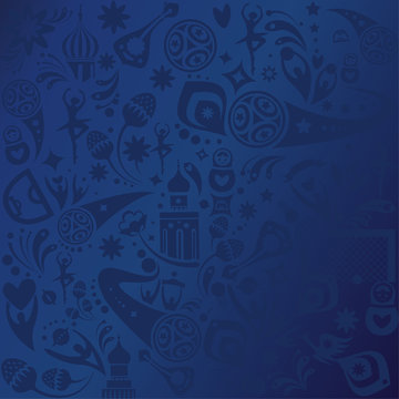 Soccer world international championship blue pattern concept modern design, sports, football symbols, soccer ball, russian folk art elements blue pattern, banner vector template