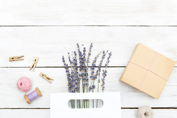 Handmade. A bouquet of lavender and a gift box.