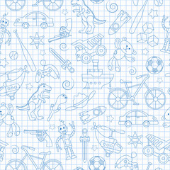 Seamless pattern on the theme of childhood and toys, toys for boys, blue  contour  icons on the clean writing-book sheet in a cage
