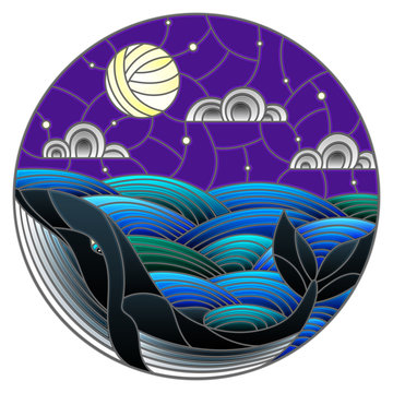Illustration in stained glass style whale into the waves, starry sky,moon  and clouds, round image