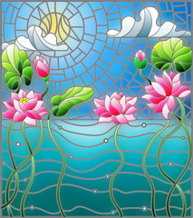 Naklejki  Ilustracja w stylu witraży z pejzażem wodnym, kwiatami lotosu na tle stawu, nieba i słońca