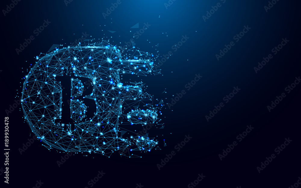 Poster abstract bitcoin form lines and triangles, point connecting network on blue background. illustration