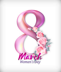 Women day background with pink rose flowers. 8 March invitation card. Vector illustration.