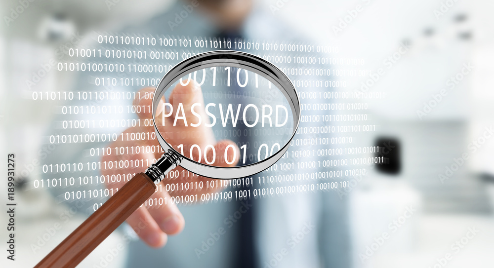 Poster Hacker using digital magnifying glass to find password 3D rendering