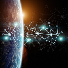 Connections system and datas exchanges on planet Earth 3D rendering