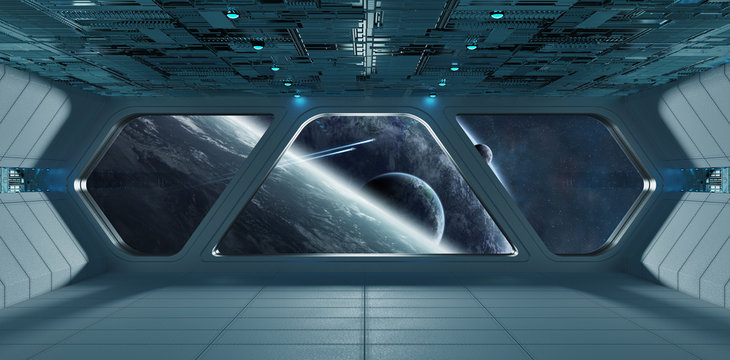 Spaceship futuristic grey blue interior with view on exoplanet
