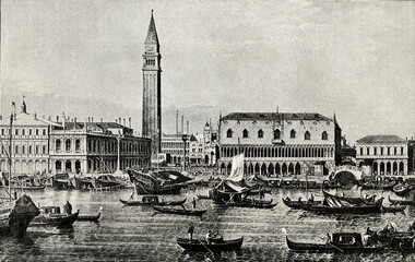 Piazzetta and Riva degli Schiavoni, Venice; by Canaletto, between 1730 and 1740(from Spamers Illustrierte  Weltgeschichte, 1894, 5[1], 483) - obrazy, fototapety, plakaty