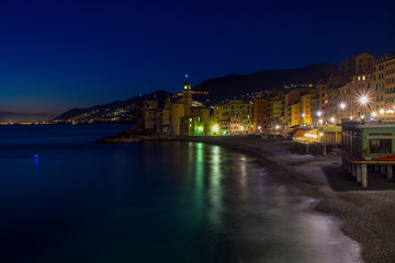 Fototapeta na wymiar CAMOGLI, ITALY, JANUARY 13, 2018 - Panoramic view of city of Camogli by night , Genoa (Genova) Province, Liguria, Mediterranean coast, Italy