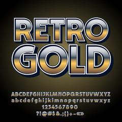 Vector gradient Retro styled gold Alphabet. Set of vintage metallic Letters, Numbers and Symbols