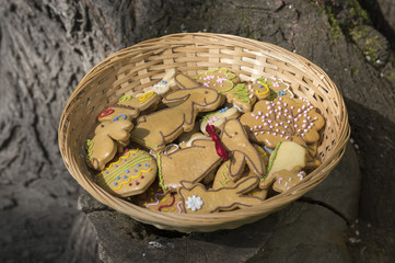 Czech easter gingerbread in wicker basket in the garden brown wooden stump, comical bunnies