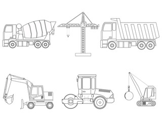 Set of construction machinery. Line art. Children's coloring. Vector illustration