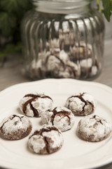 Chocolate snowcaps cookies on a white plate
