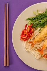 Japanese Style Tempura Prawns With Udon Noodles Chilli and Spring Onions