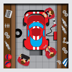 Repairs car in the garage. View from above. Vector illustration.