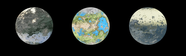 Three alien planets isolated on black, 3d illustration