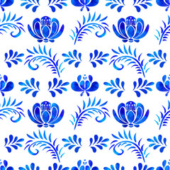 Fototapeta na wymiar Seamless pattern with watercolor blue flowers, leafs on white background