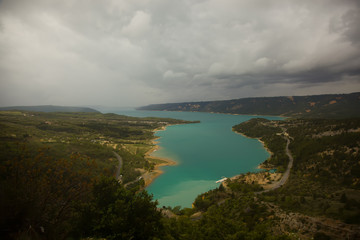 Fototapeta na wymiar St Croix Lake on a cloudy spring day, Les Gorges du Verdon, Provence, France