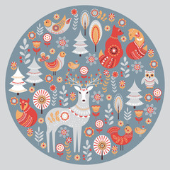 Decorative circular ornament with animals, birds, flowers and trees.