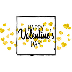 Valentines day card with gold glitter hearts. February 14th. Vector confetti for valentines day card template. Grunge hand drawn texture. Love theme for poster, gift certificate, banner.