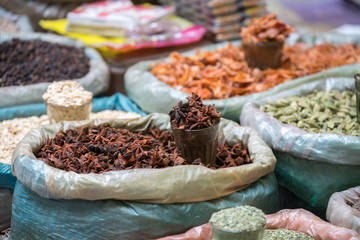 Various of Indian colored powder spices and dry ingredient food