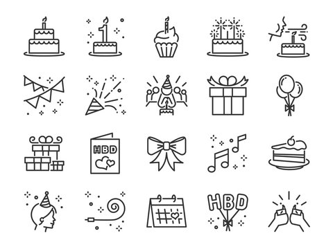 Happy Birthday Party line icon set. Included the icons as celebration, anniversary, party, congratulation, cake, gift, decoration and more.