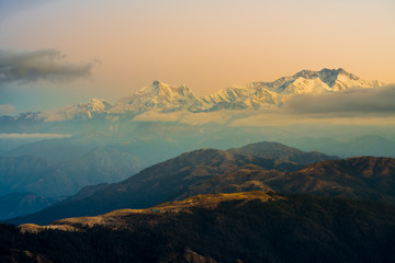 Dramatic landscape Kangchenjunga mountain with colorful from sunlight at Sandakphu