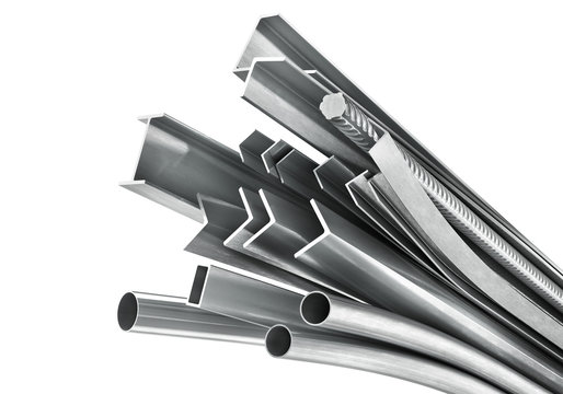 Different metal products. Metal profiles and tubes. 3d illustration