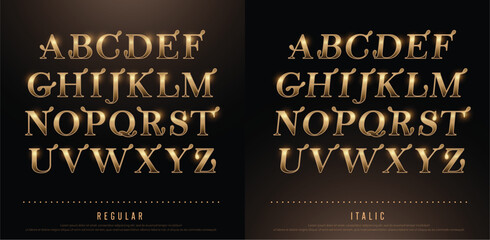 Set of Elegant Gold Colored Metal Chrome alphabet uppercase font. Typography classic style golden font set for logo, Poster, Invitation. vector illustrator